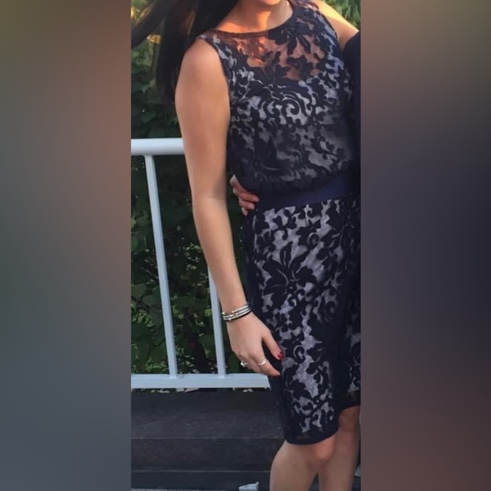 Navy lace formal dress with a white/silver underlay